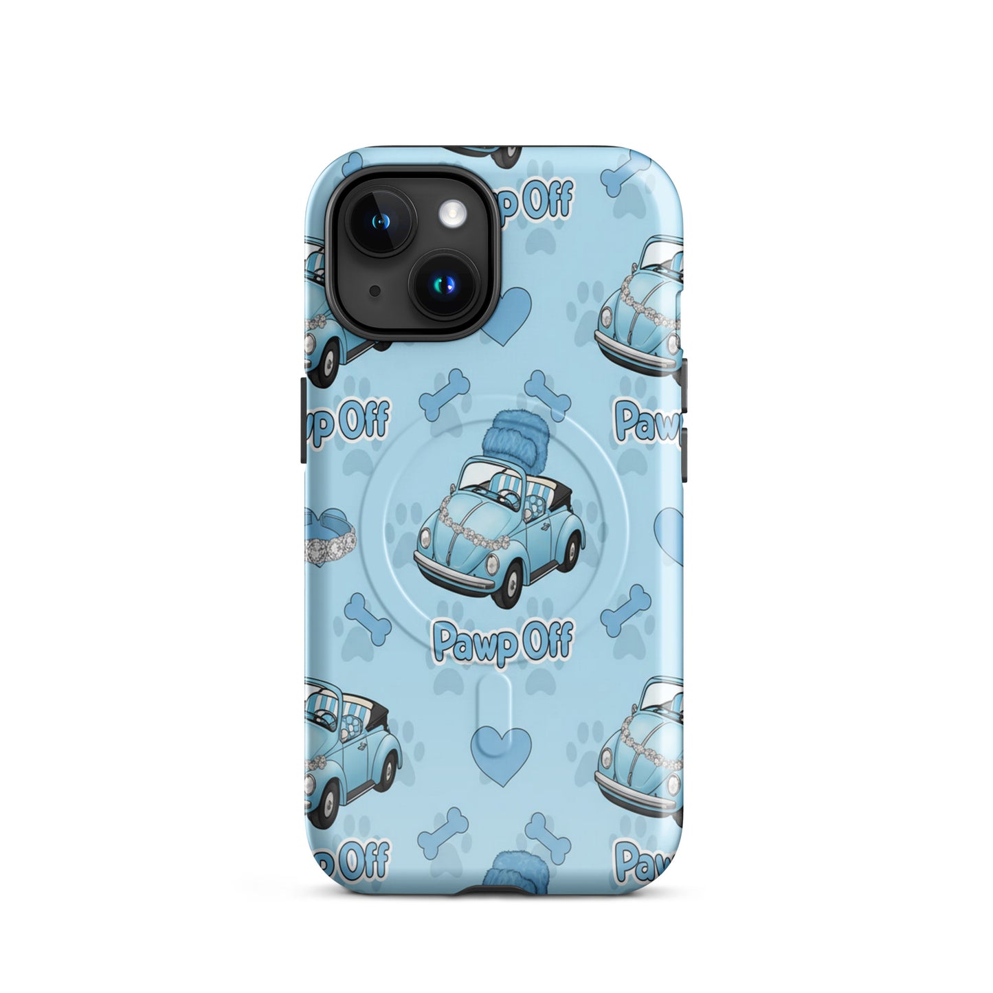 PawpOff Baby-Blue Beetle MagSafe phone case featuring all-over Beetle print in glossy finish
