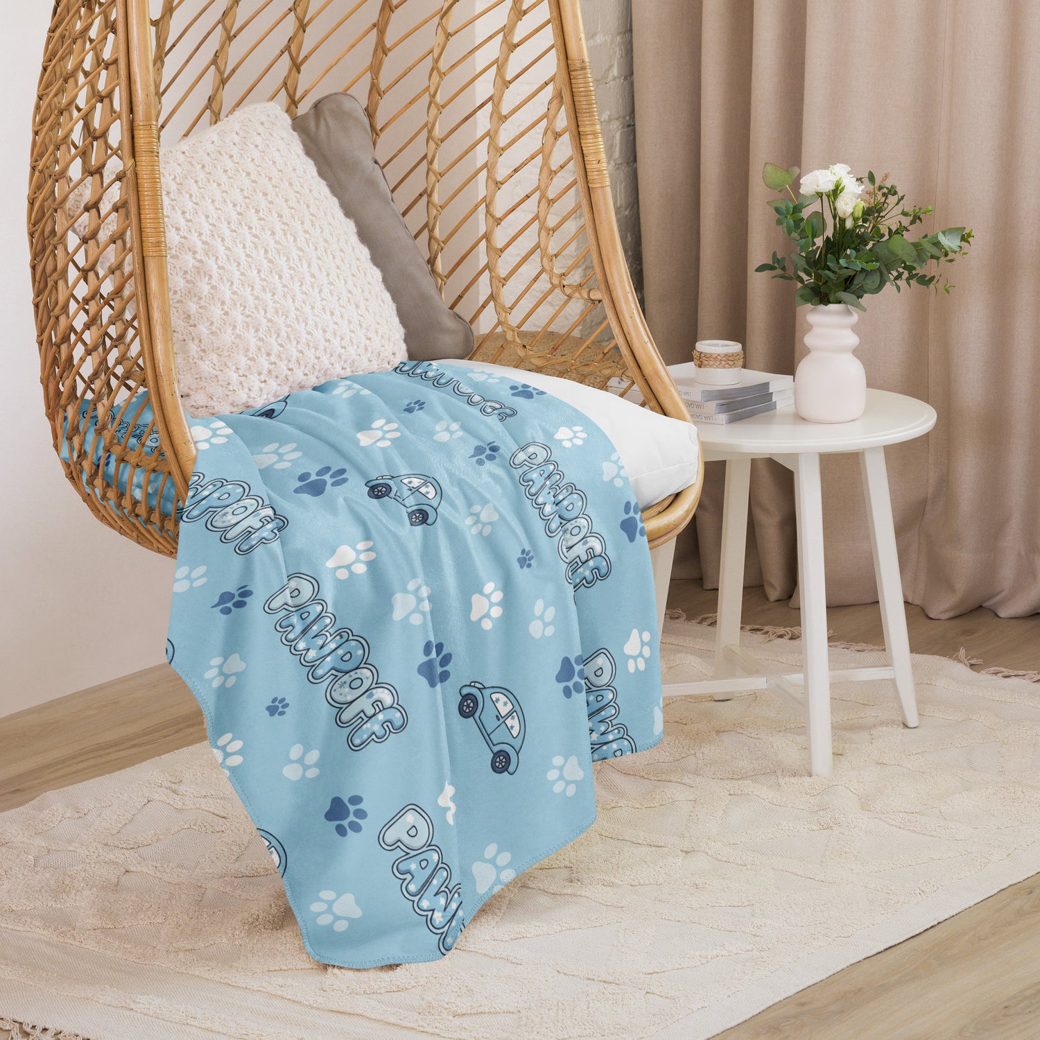 PawpOff Baby-Blue Sherpa Blanket featuring the Beetle pattern with soft plush sherpa underside
