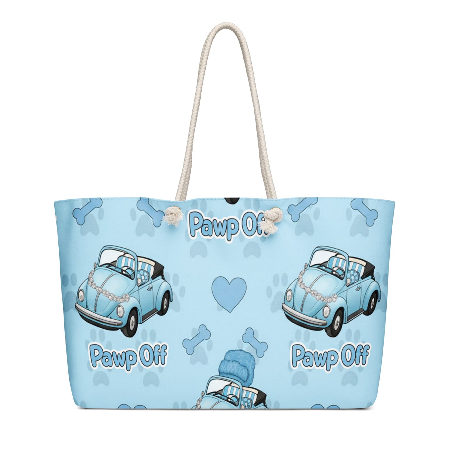 PawpOff Weekender Bag featuring an all-over Baby-Blue Beetle pattern with durable handles and spacious design
