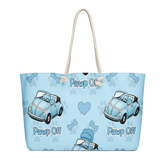 PawpOff Weekender Bag featuring an all-over Baby-Blue Beetle pattern with durable handles and spacious design
